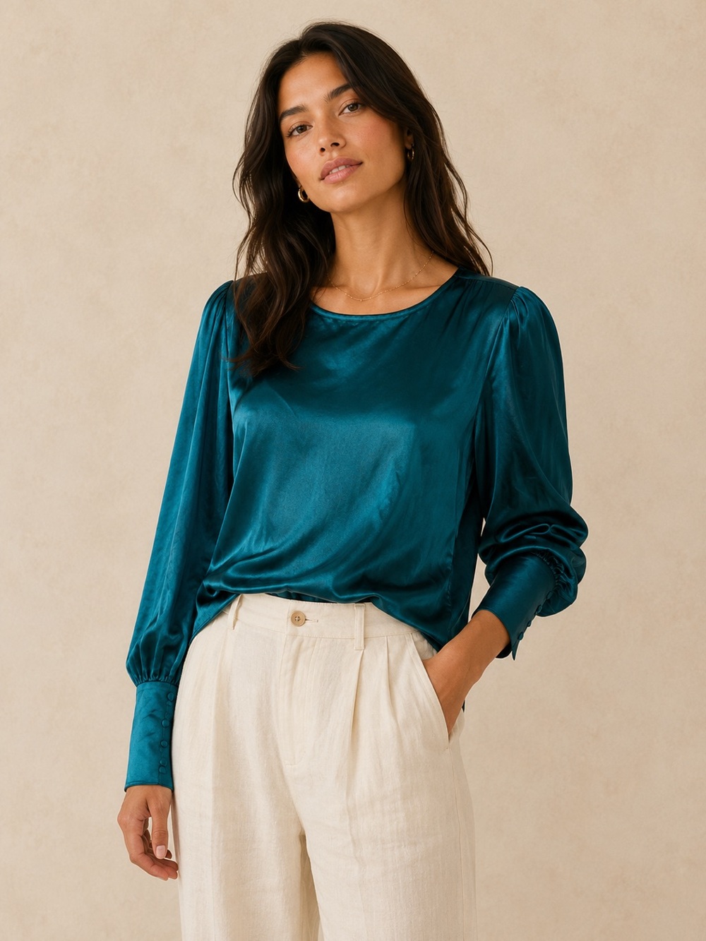 New DÔEN Sz Xl Green Satin Blouse XL Long Sleeve Puff Shoulder Top NWT